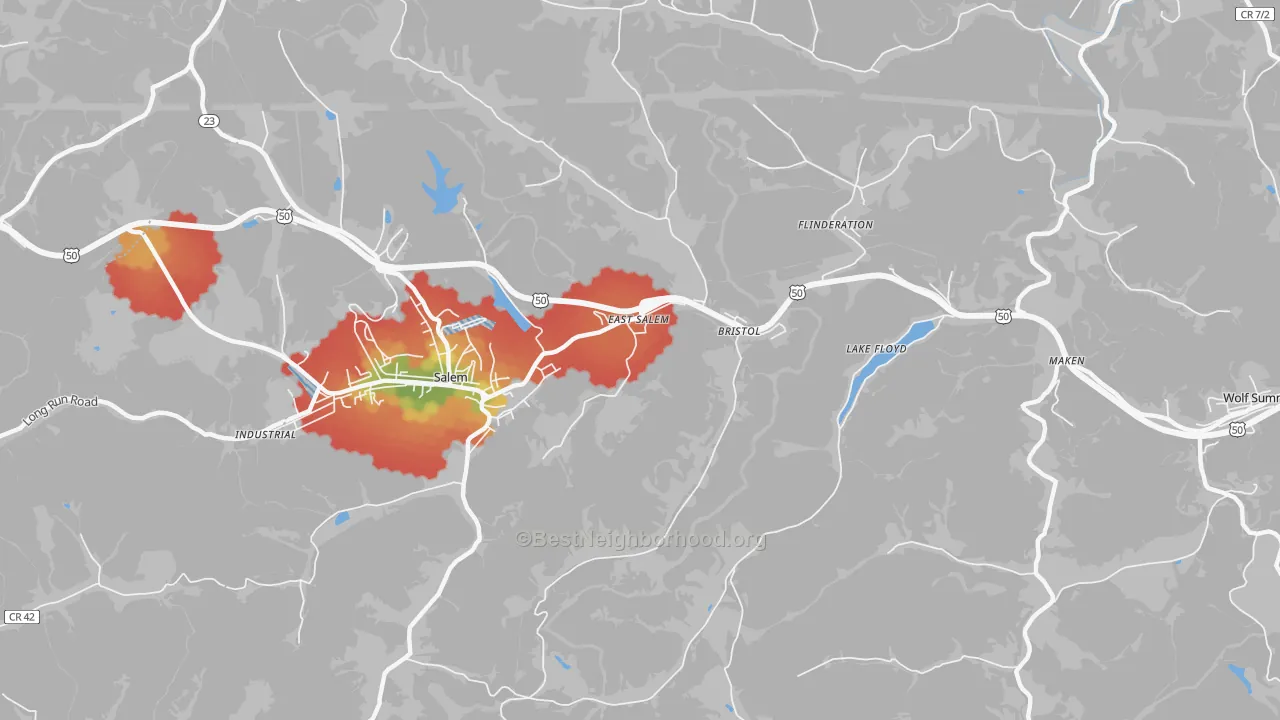 Walk Grade map of East Salem, WV, walkable areas in green and car-dependent areas in red