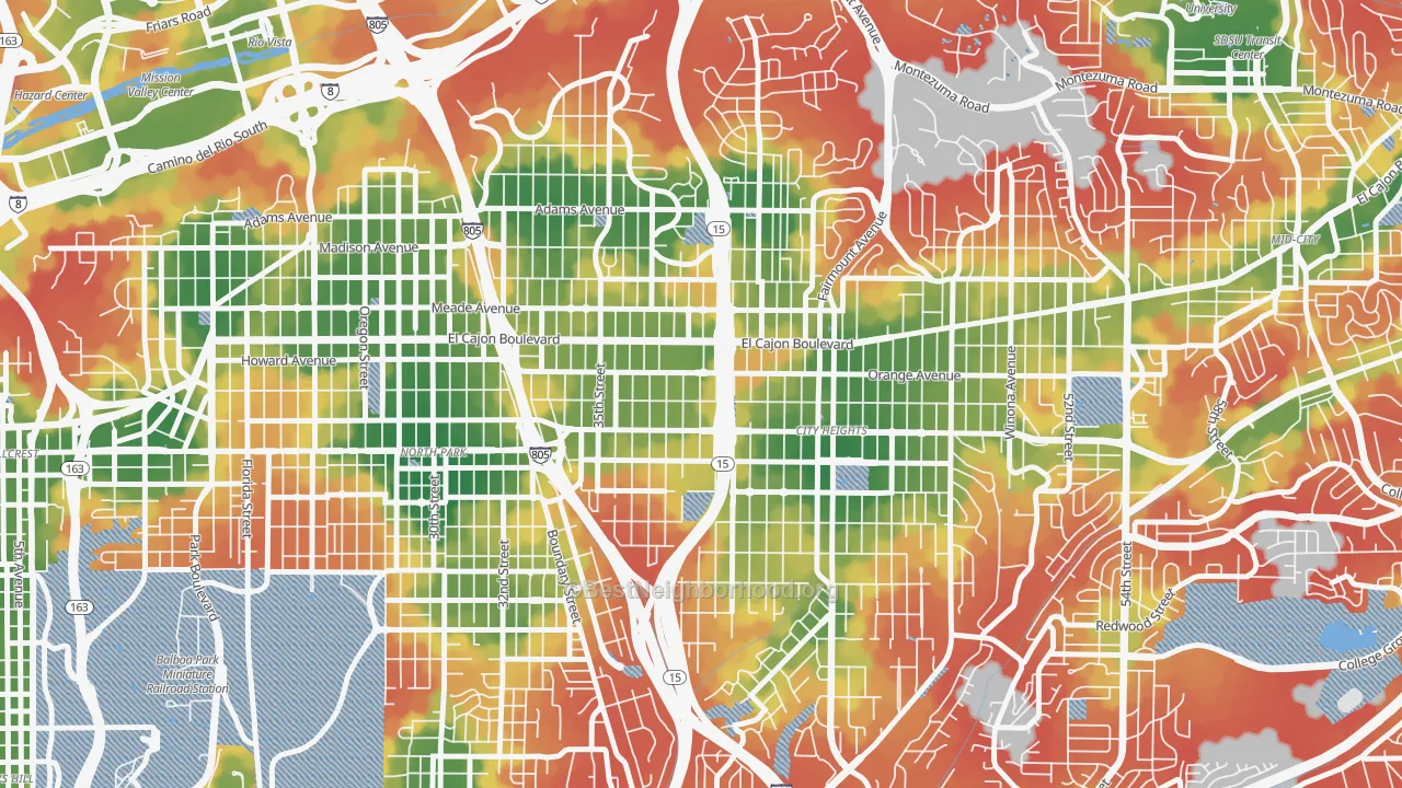 Walk Grade map of East San Diego, San Diego, CA, walkable areas in green and car-dependent areas in red