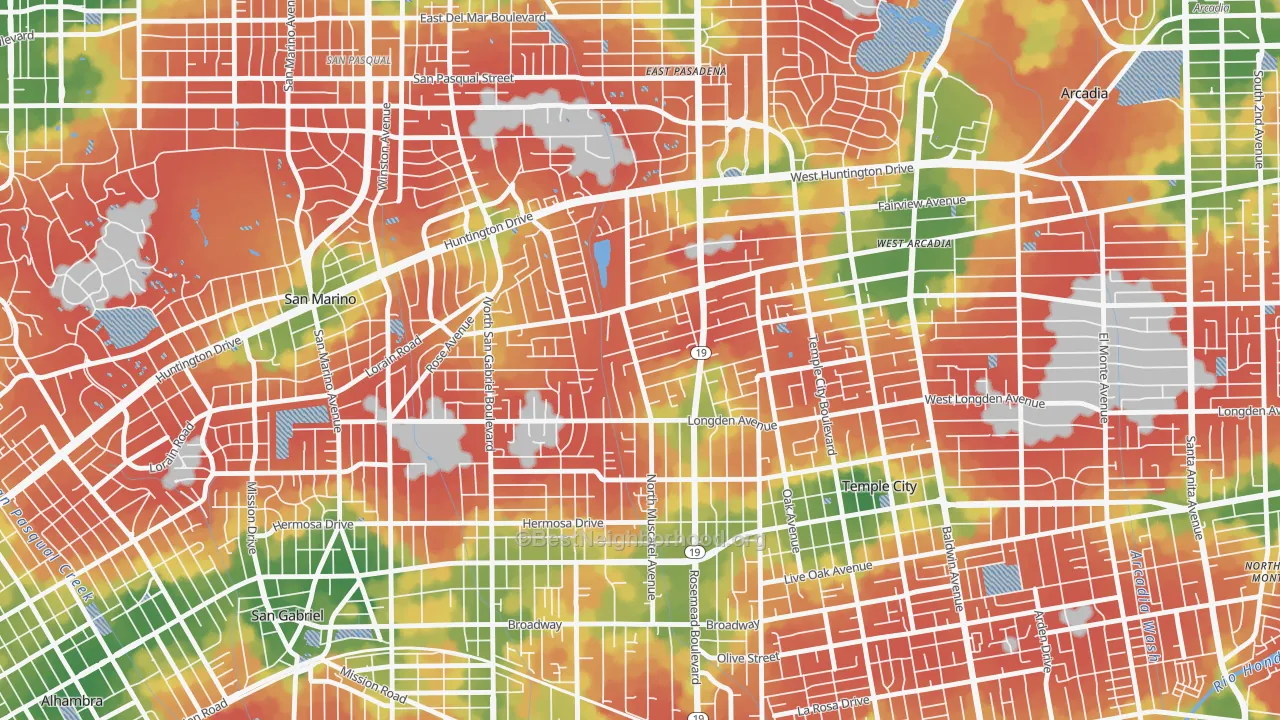 Walk Grade map of East San Gabriel, San Gabriel, CA, walkable areas in green and car-dependent areas in red
