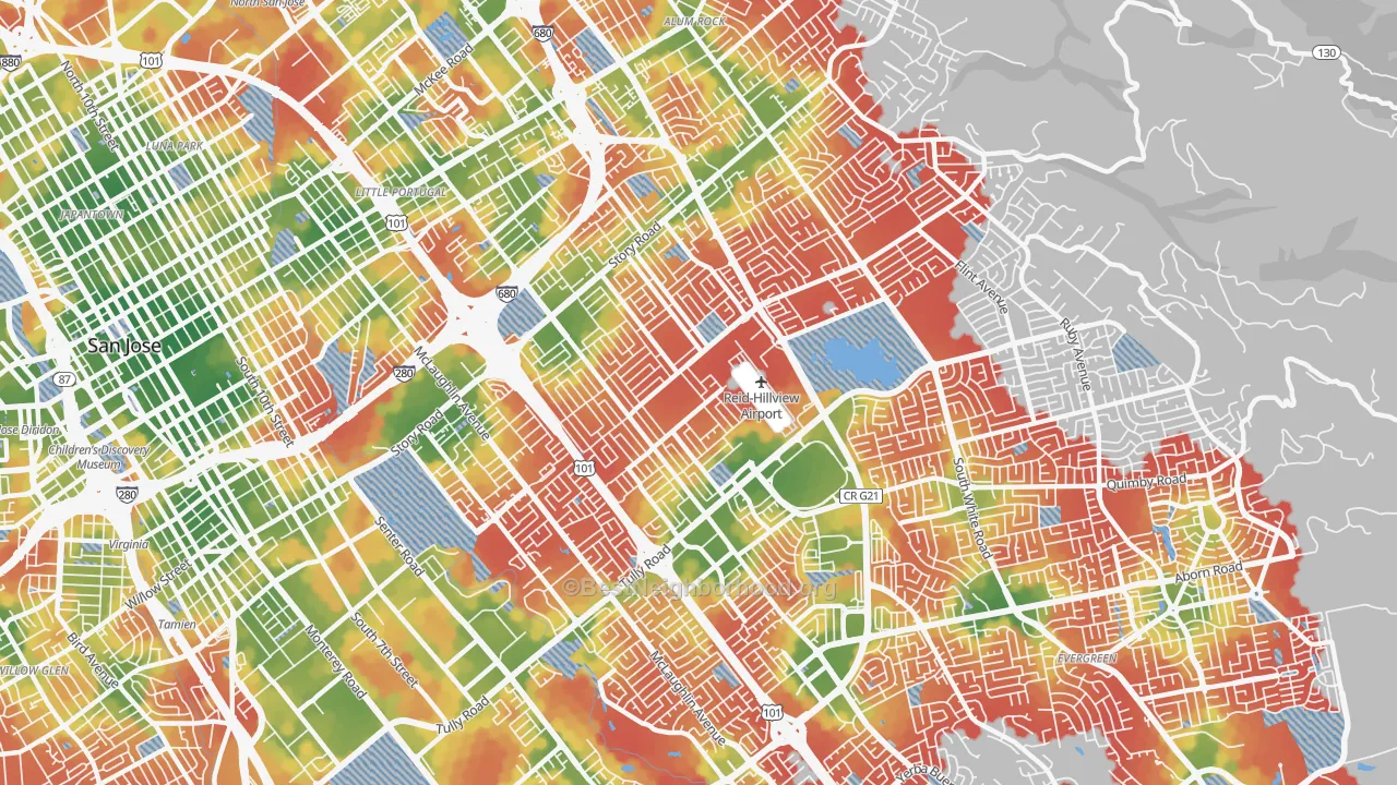 Walk Grade map of East San Jose, San Jose, CA, walkable areas in green and car-dependent areas in red