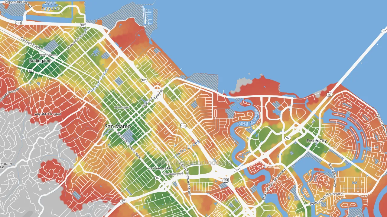 Walk Grade map of East San Mateo, San Mateo, CA, walkable areas in green and car-dependent areas in red