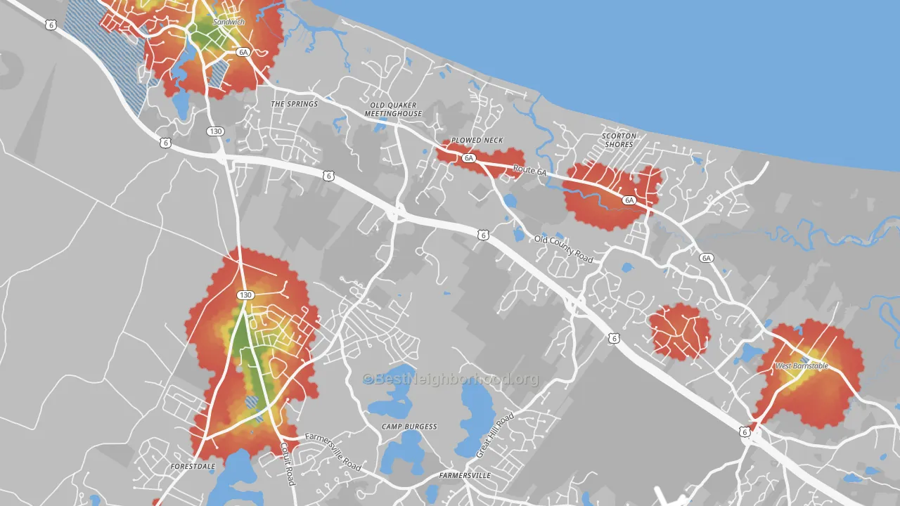 Walk Grade map of East Sandwich, MA, walkable areas in green and car-dependent areas in red