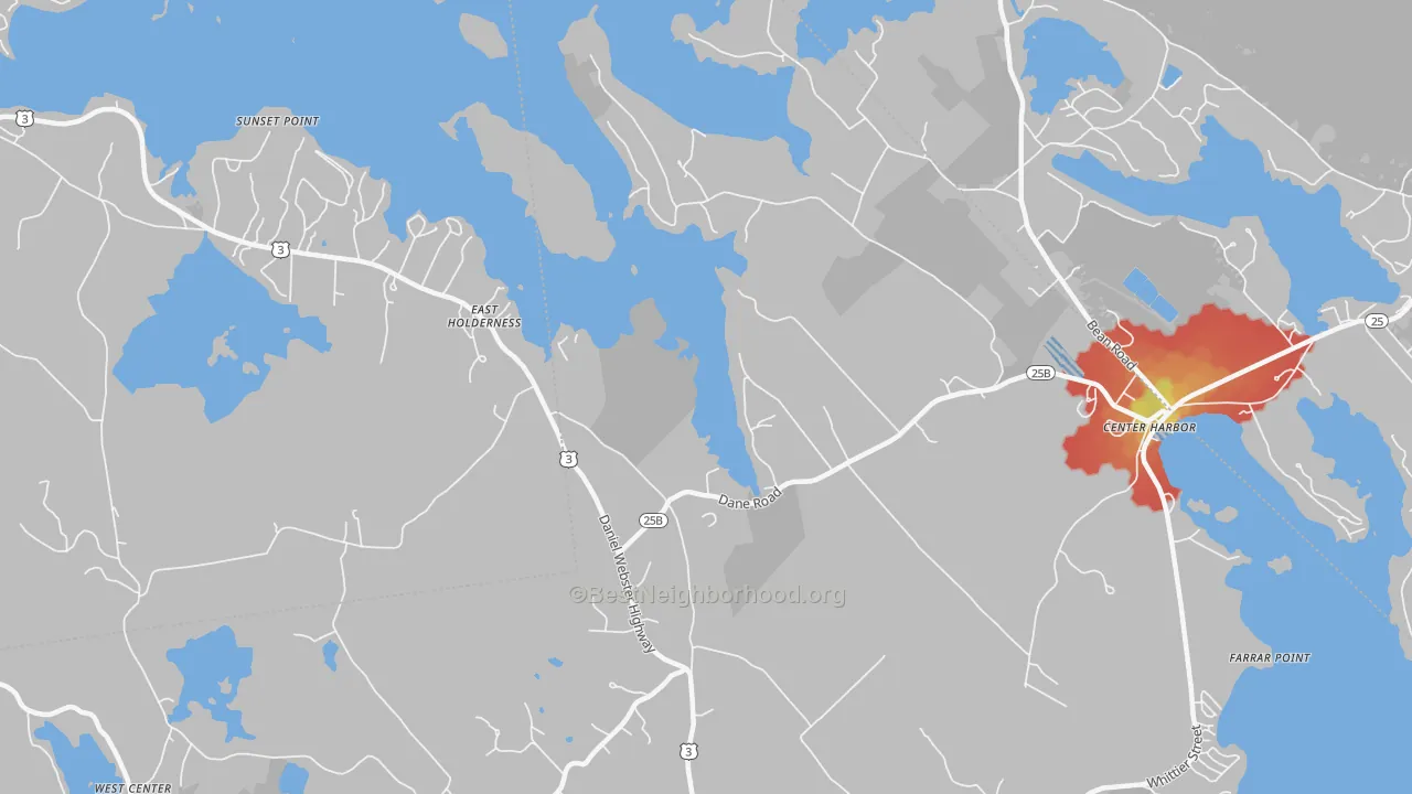 Walk Grade map of East Sandwich, NH, walkable areas in green and car-dependent areas in red