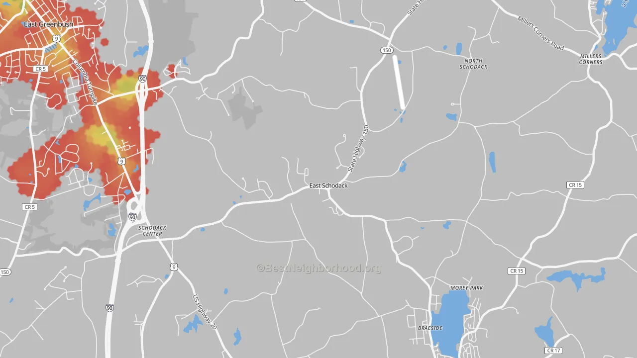 Walk Grade map of East Schodack, NY, walkable areas in green and car-dependent areas in red