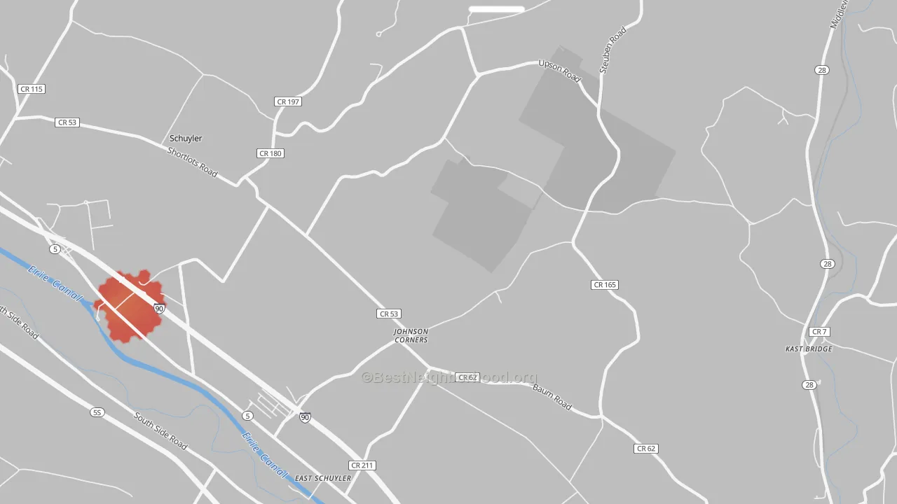 Walk Grade map of East Schuyler, NY, walkable areas in green and car-dependent areas in red