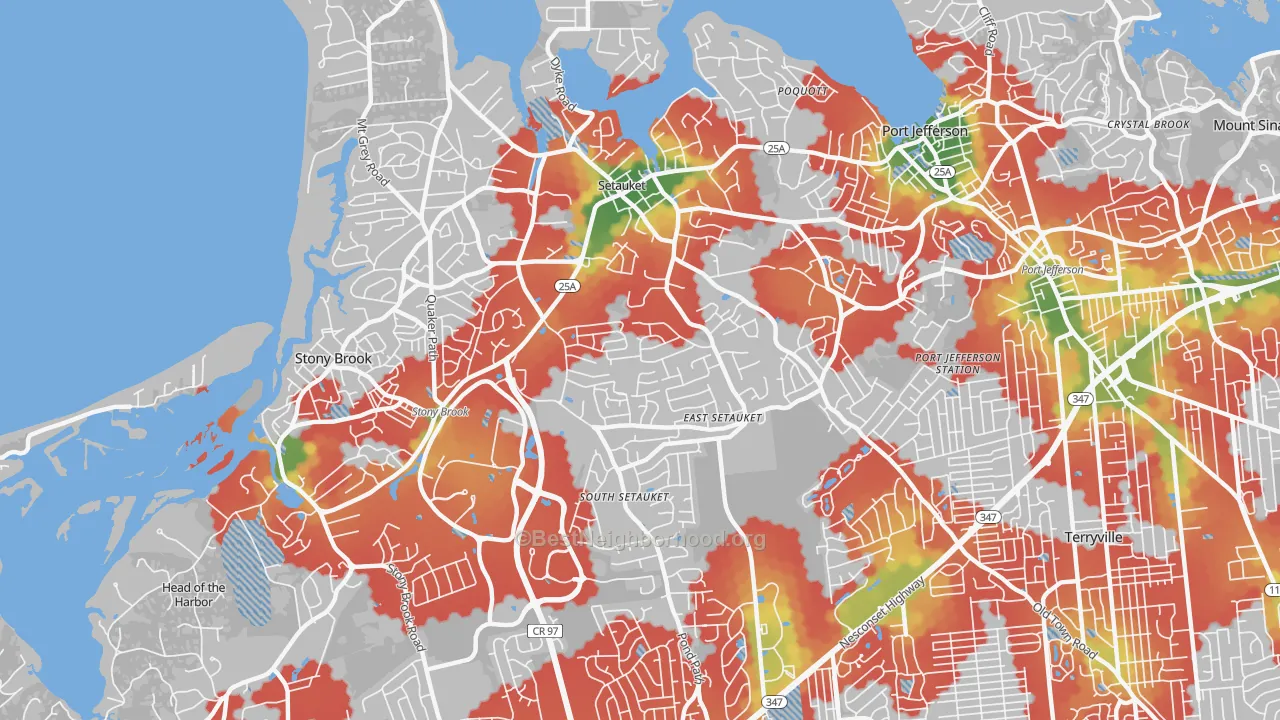 Walk Grade map of East Setauket, NY, walkable areas in green and car-dependent areas in red