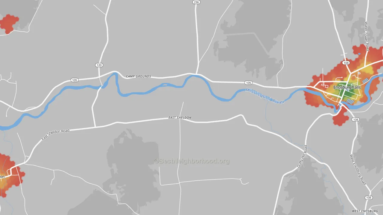 Walk Grade map of East Sheldon, VT, walkable areas in green and car-dependent areas in red
