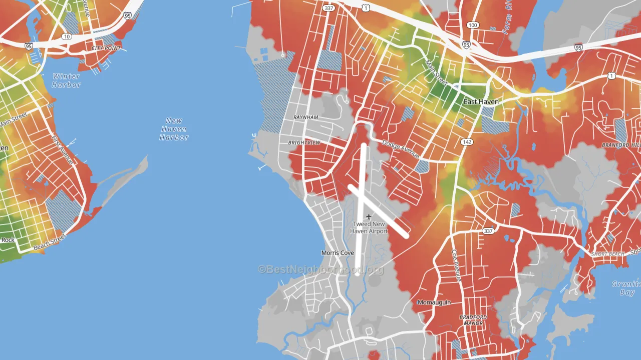 Walk Grade map of East Shore, East Haven, CT, walkable areas in green and car-dependent areas in red