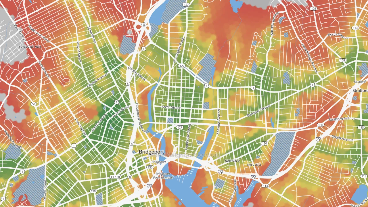 Walk Grade map of East Side-Bridgeport, Bridgeport, CT, walkable areas in green and car-dependent areas in red