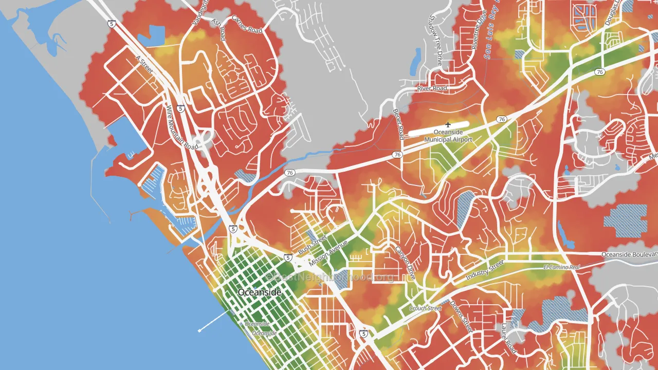Walk Grade map of East Side Capistrano, Oceanside, CA, walkable areas in green and car-dependent areas in red
