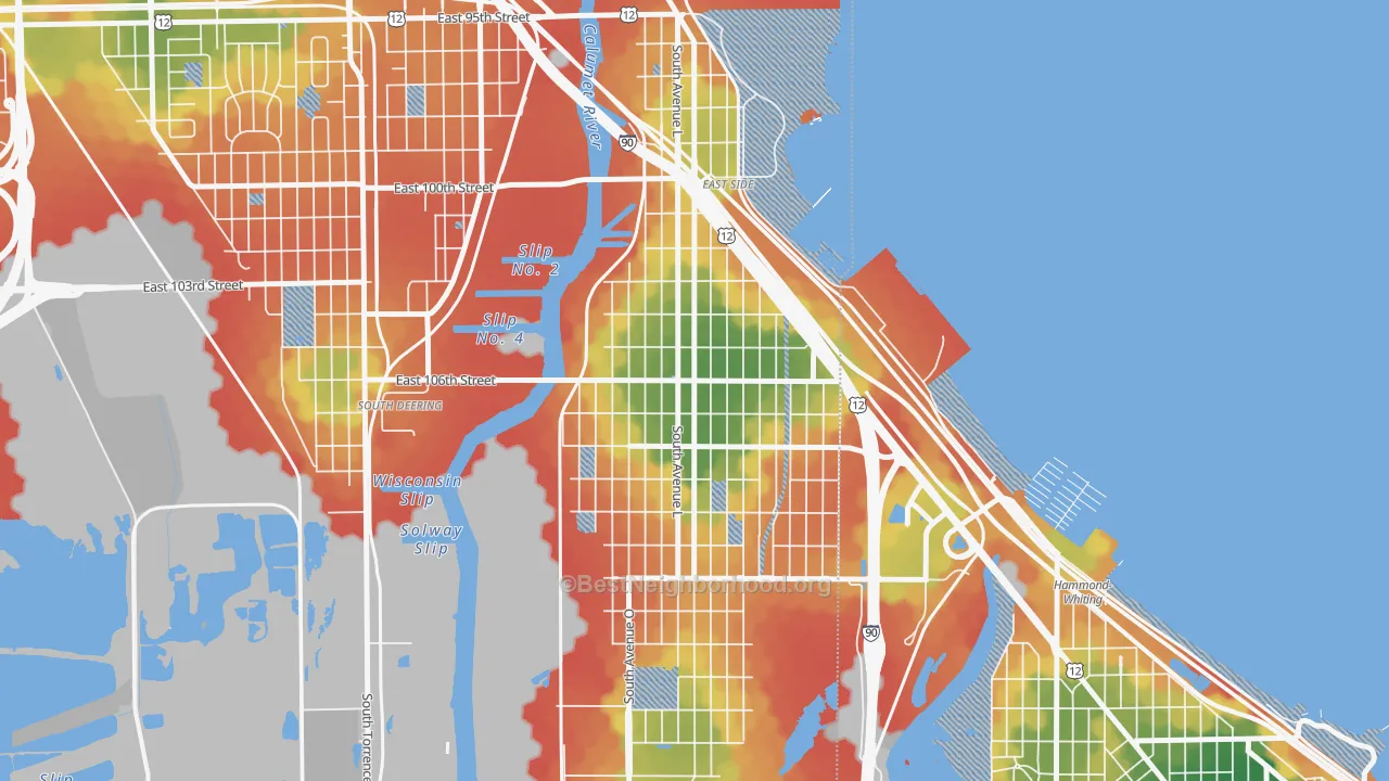 Walk Grade map of East Side, Chicago, IL, walkable areas in green and car-dependent areas in red