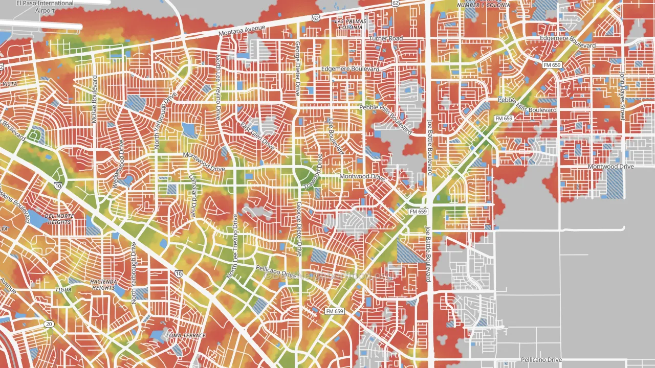 Walk Grade map of East Side, El Paso, TX, walkable areas in green and car-dependent areas in red