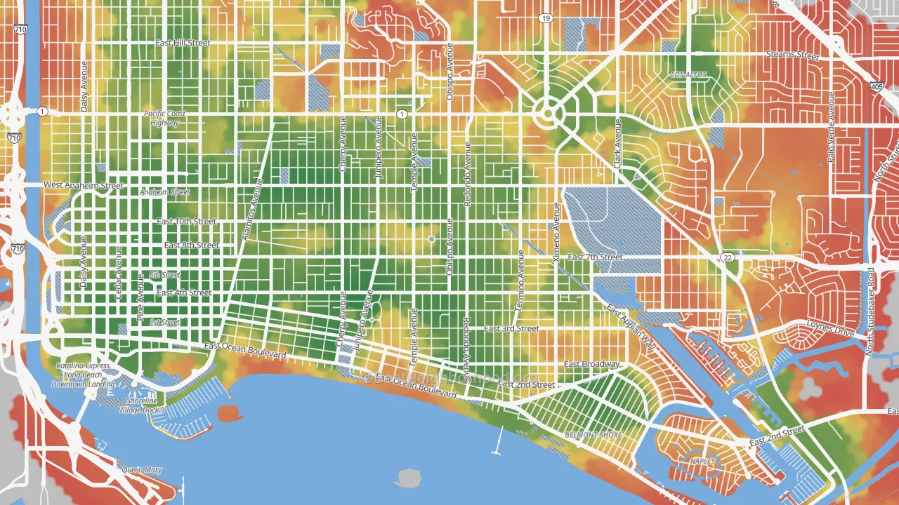 Walk Grade map of East Side, Long Beach, CA, walkable areas in green and car-dependent areas in red