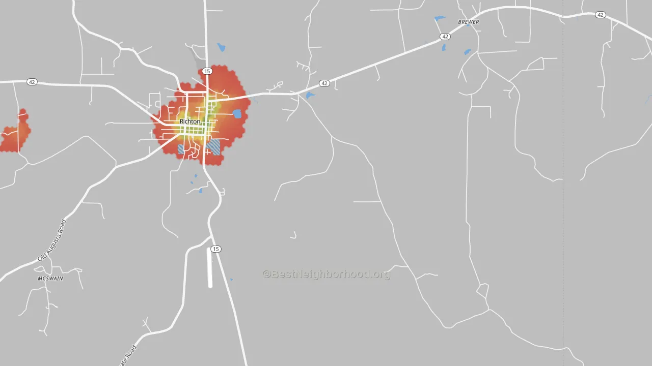 Walk Grade map of East Side, MS, walkable areas in green and car-dependent areas in red