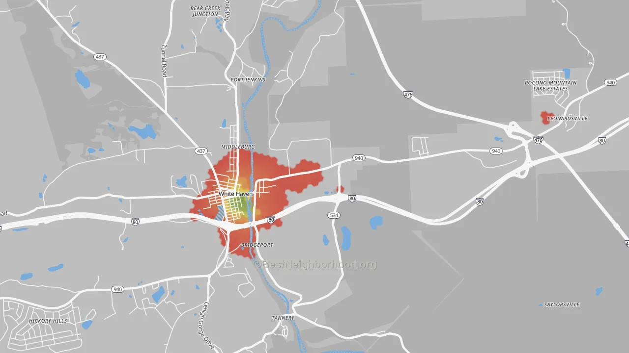 Walk Grade map of East Side, PA, walkable areas in green and car-dependent areas in red