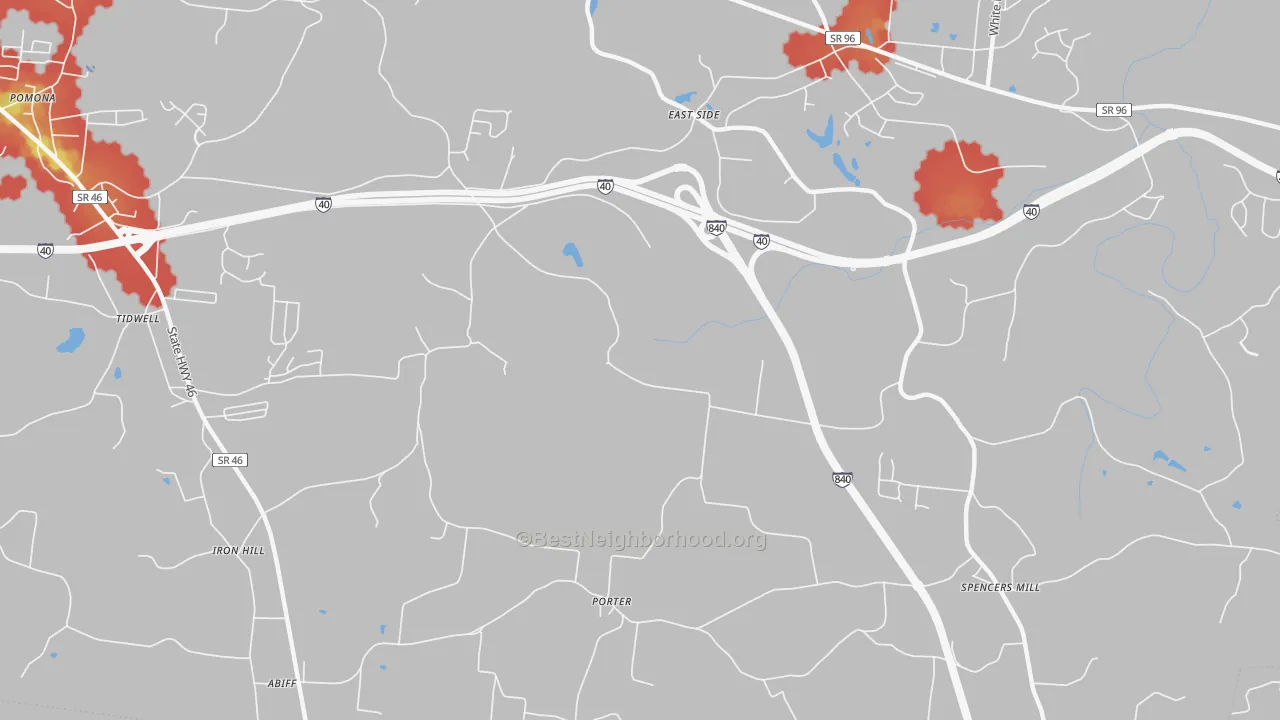 Walk Grade map of East Side, TN, walkable areas in green and car-dependent areas in red