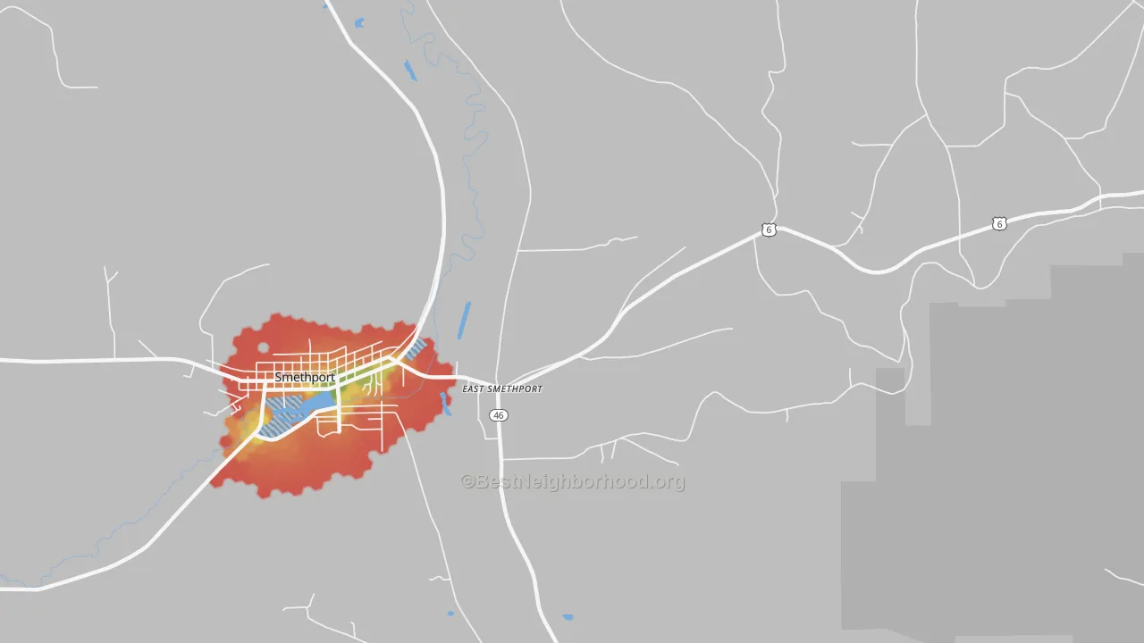 Walk Grade map of East Smethport, PA, walkable areas in green and car-dependent areas in red