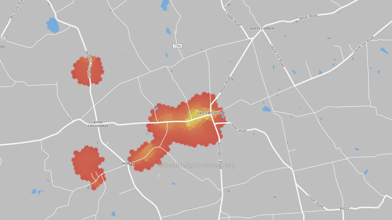 Walk Grade map of East Smithfield, PA, walkable areas in green and car-dependent areas in red
