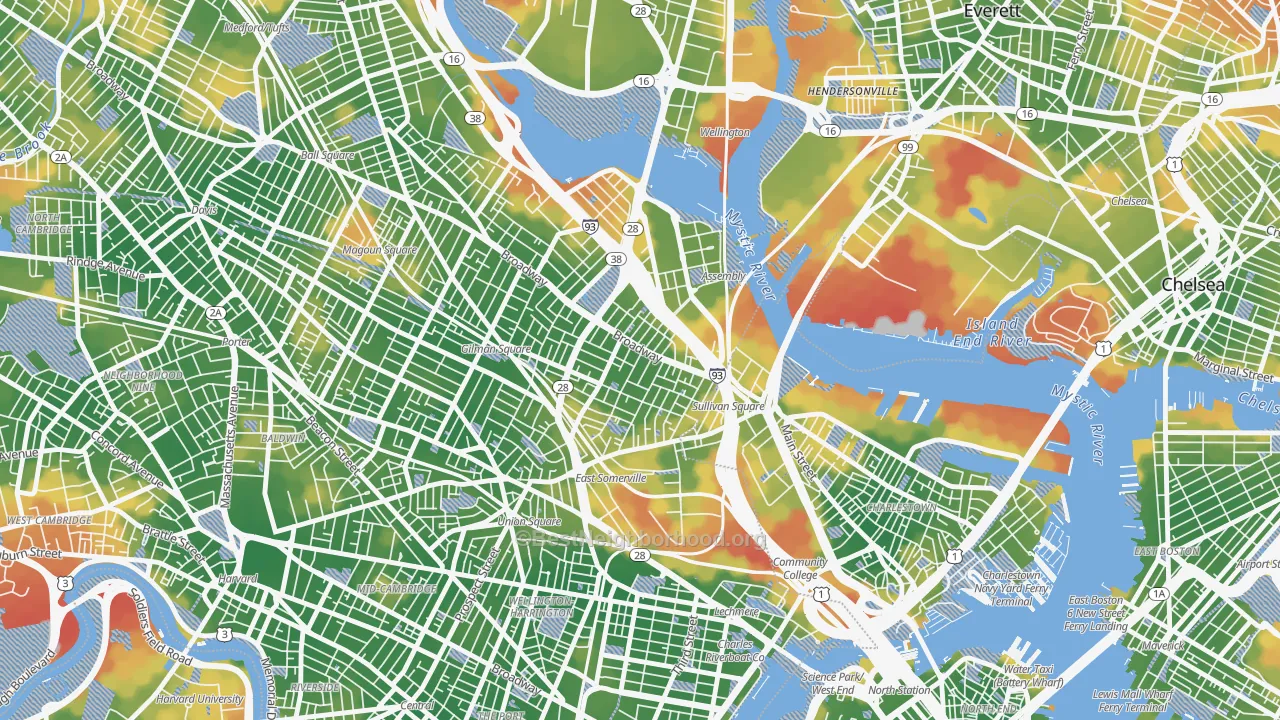 Walk Grade map of East Somerville, Somerville, MA, walkable areas in green and car-dependent areas in red