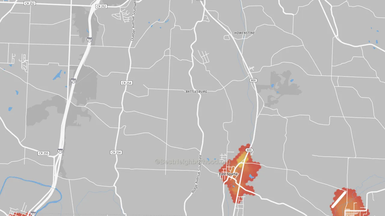 Walk Grade map of East Sparta, OH, walkable areas in green and car-dependent areas in red