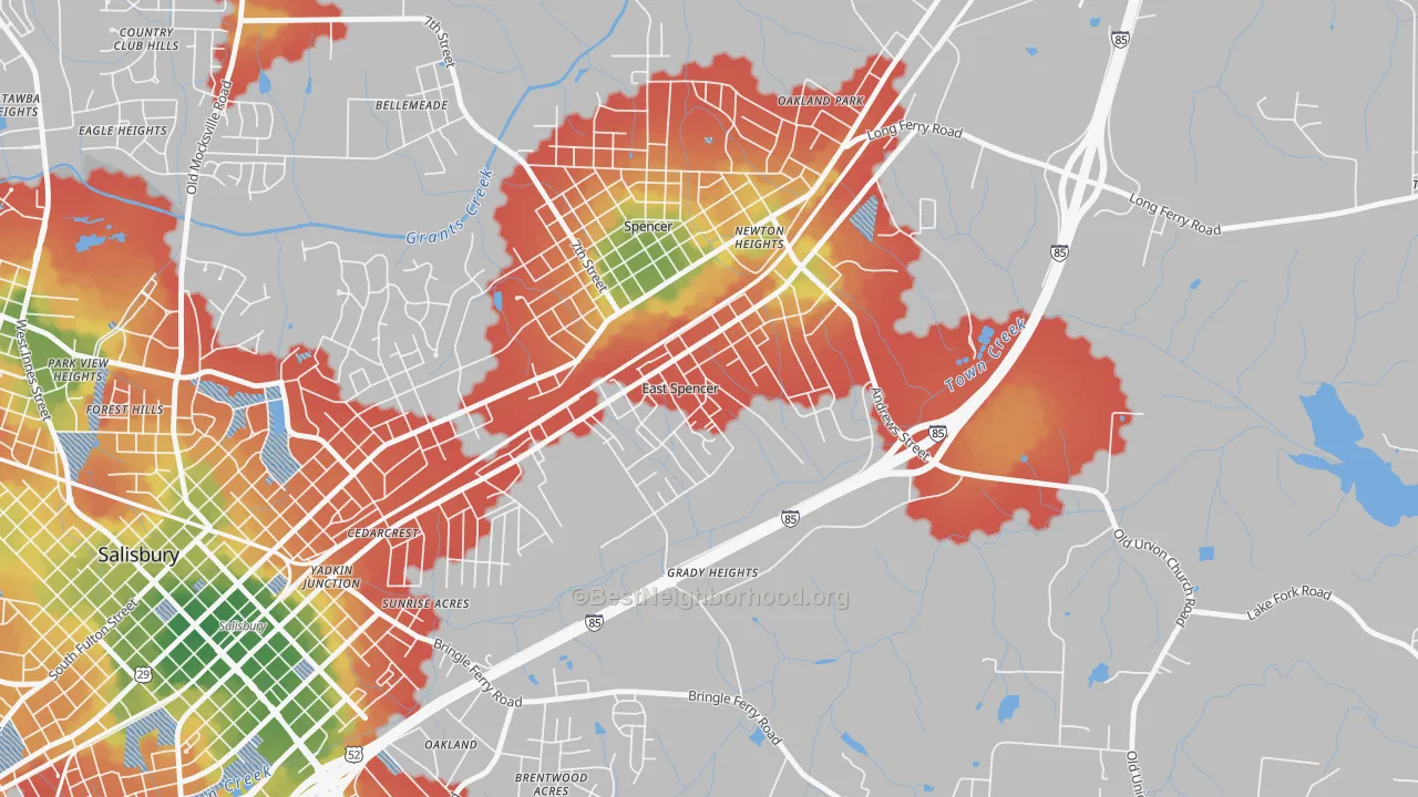 Walk Grade map of East Spencer, NC, walkable areas in green and car-dependent areas in red