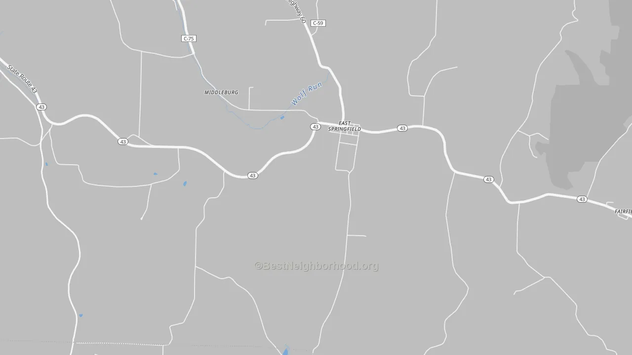 Walk Grade map of East Springfield, OH, walkable areas in green and car-dependent areas in red