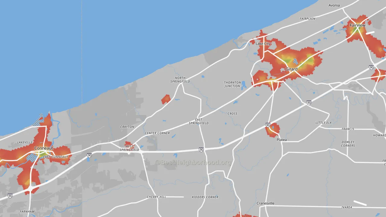 Walk Grade map of East Springfield, PA, walkable areas in green and car-dependent areas in red