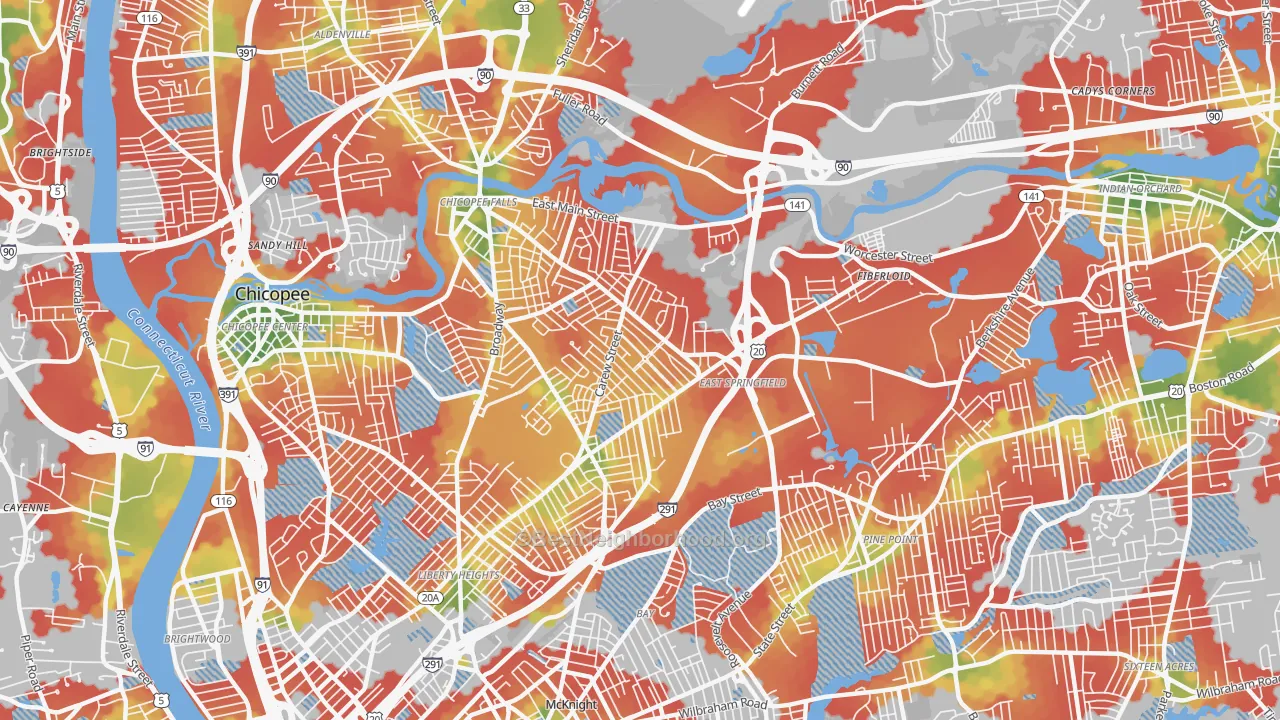 Walk Grade map of East Springfield, Springfield, MA, walkable areas in green and car-dependent areas in red
