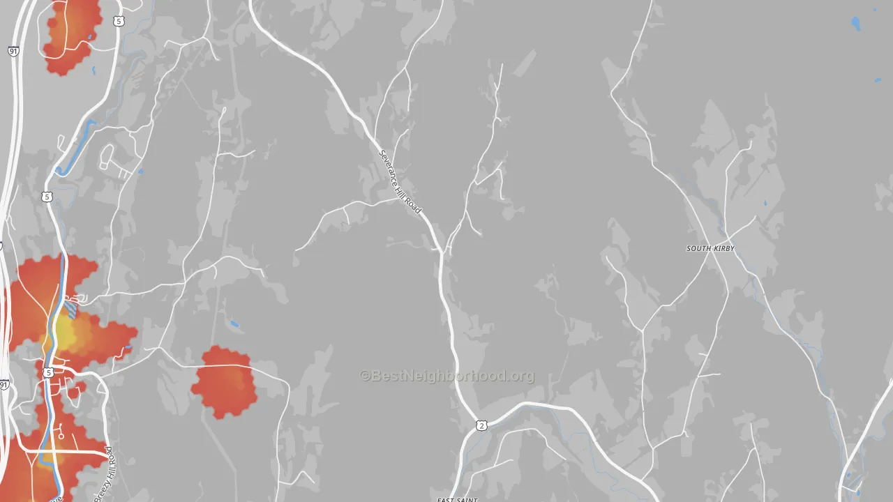 Walk Grade map of East St. Johnsbury, VT, walkable areas in green and car-dependent areas in red