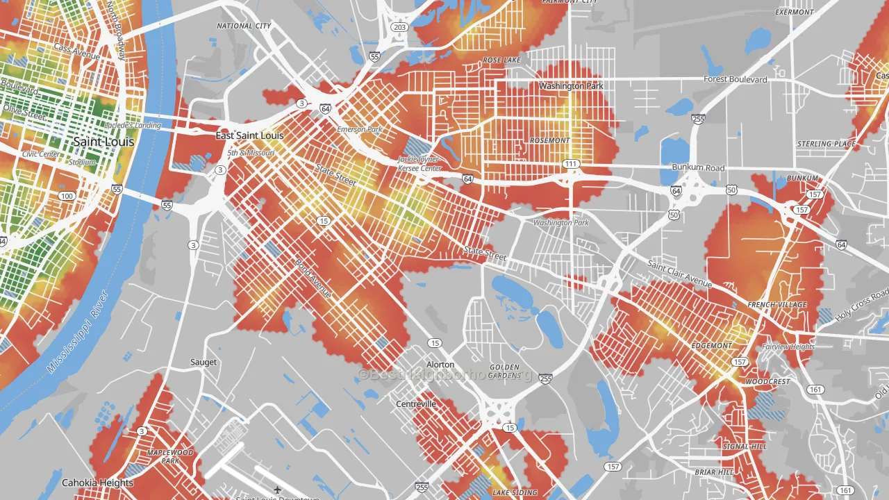 Walk Grade map of East St. Louis, IL, walkable areas in green and car-dependent areas in red