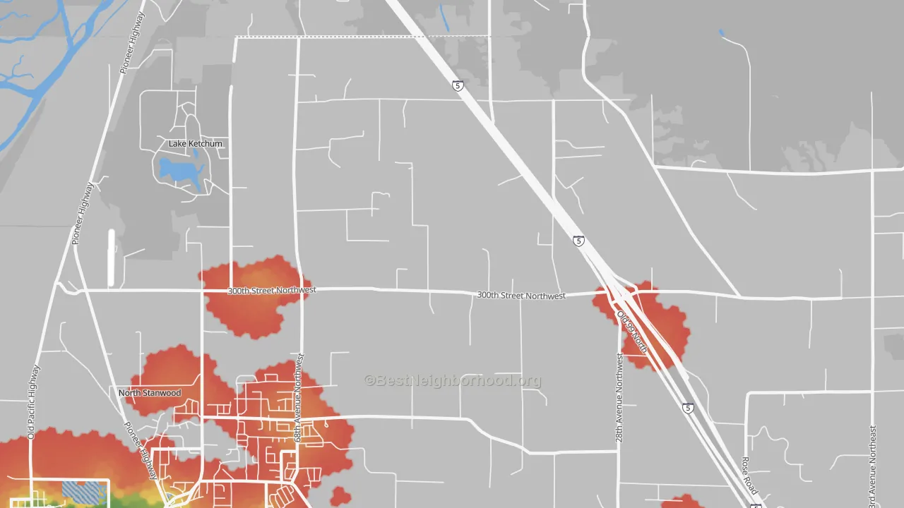 Walk Grade map of East Stanwood, WA, walkable areas in green and car-dependent areas in red