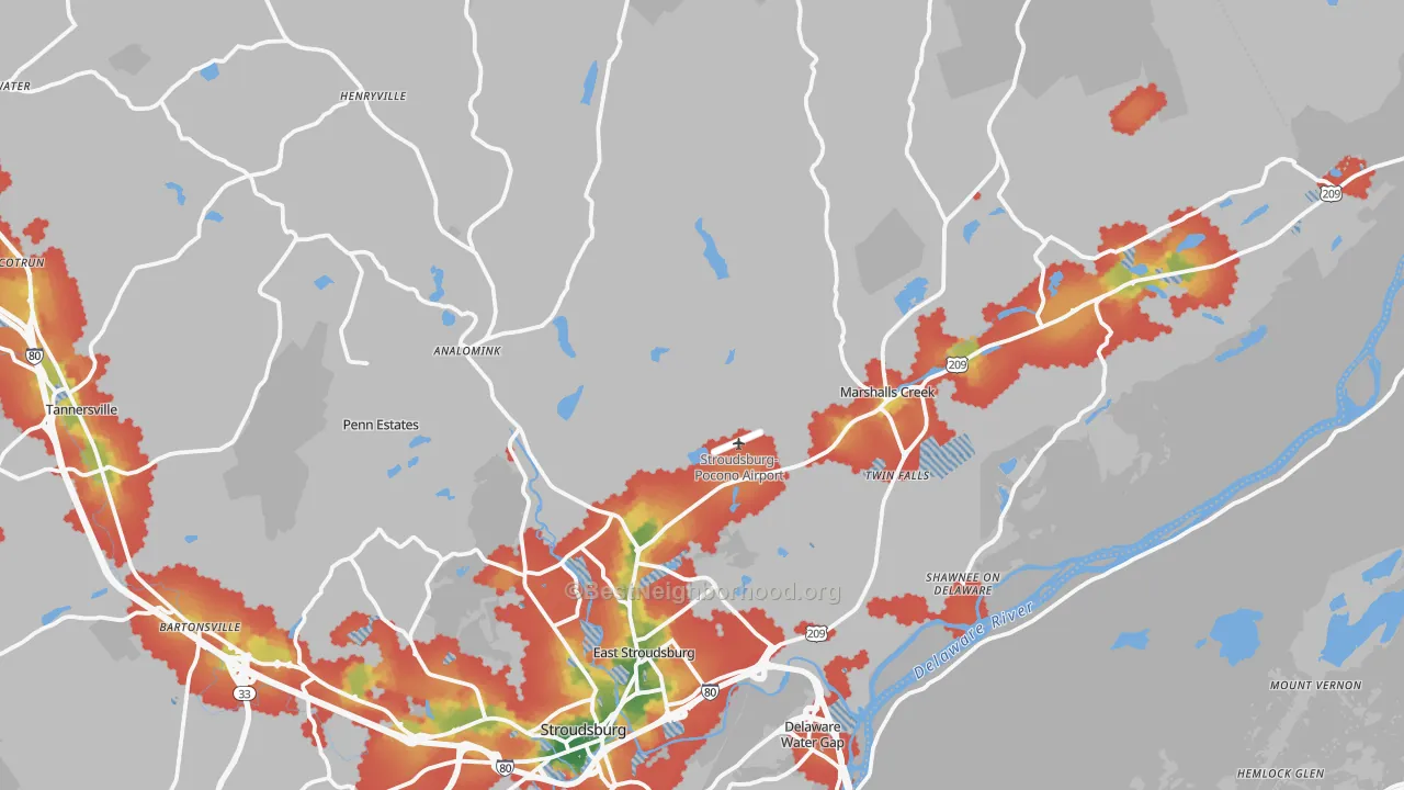Walk Grade map of East Stroudsburg, PA, walkable areas in green and car-dependent areas in red