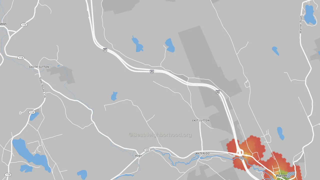 Walk Grade map of East Sutton, NH, walkable areas in green and car-dependent areas in red