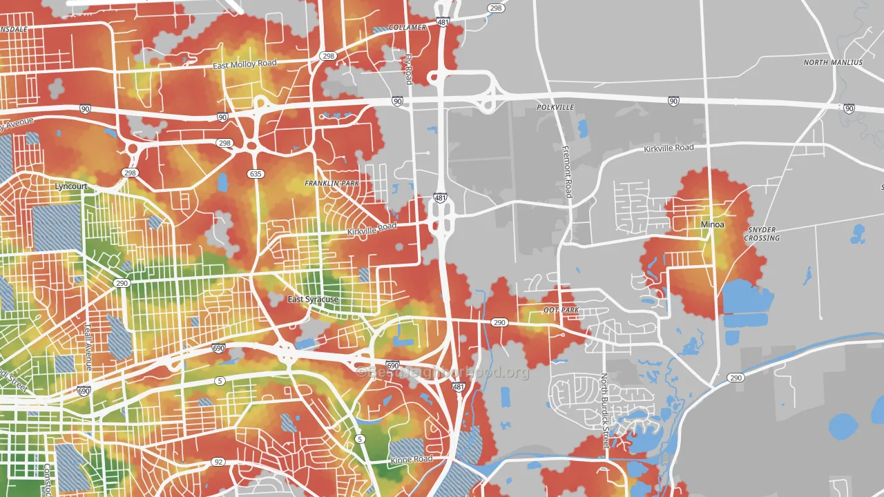 Walk Grade map of East Syracuse, NY, walkable areas in green and car-dependent areas in red