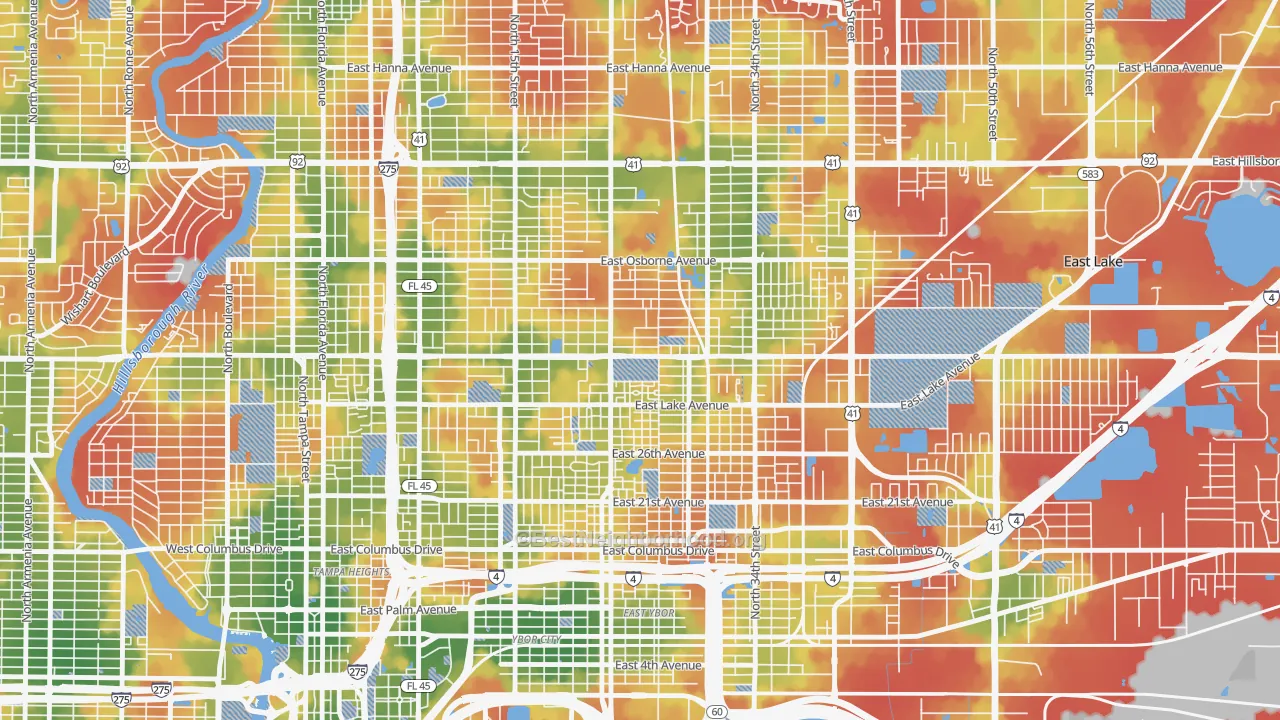 Walk Grade map of East Tampa, Tampa, FL, walkable areas in green and car-dependent areas in red