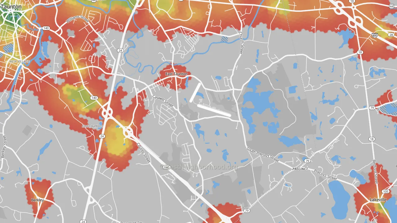 Walk Grade map of East Taunton, MA, walkable areas in green and car-dependent areas in red