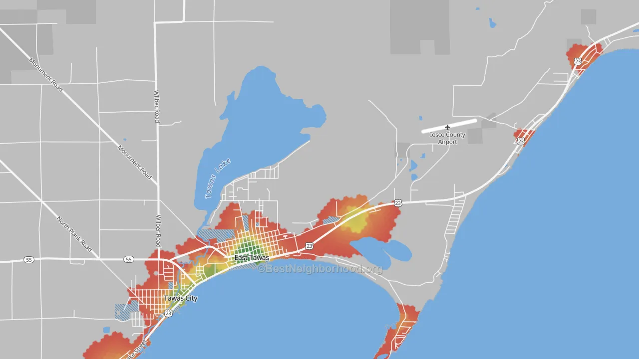 Walk Grade map of East Tawas, MI, walkable areas in green and car-dependent areas in red