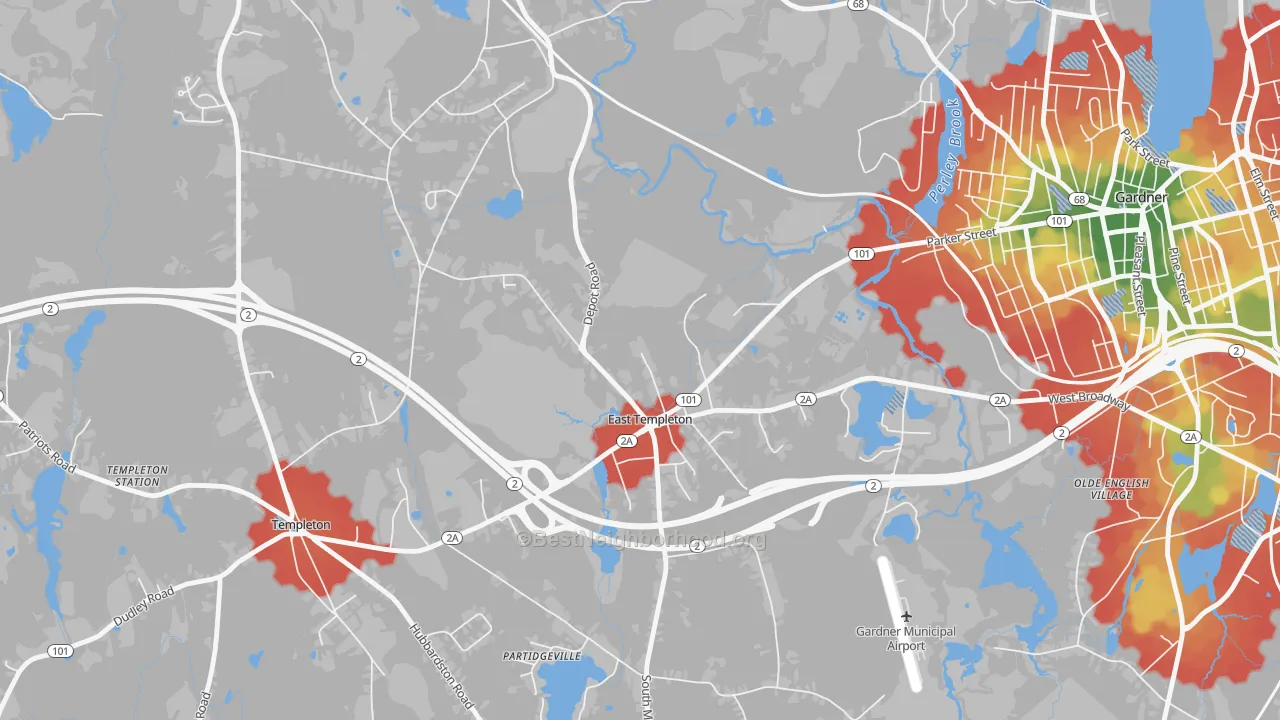 Walk Grade map of East Templeton, MA, walkable areas in green and car-dependent areas in red