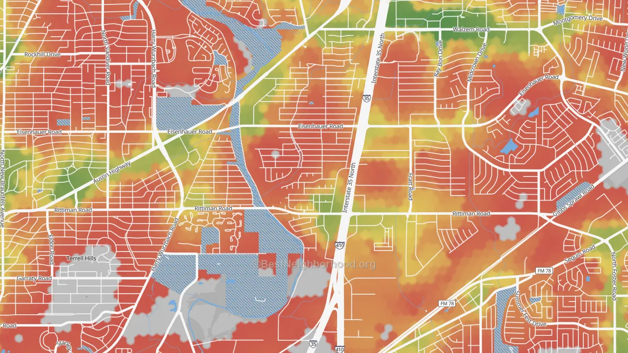 Walk Grade map of East Terrell Hills, San Antonio, TX, walkable areas in green and car-dependent areas in red