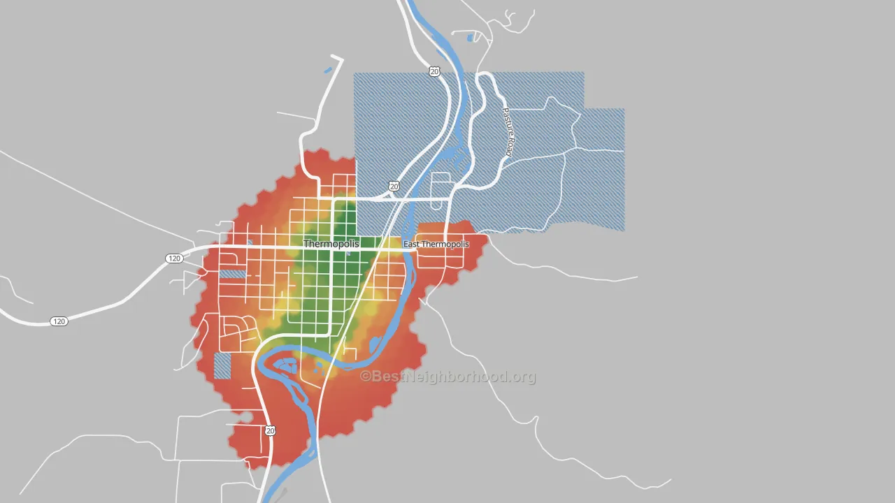Walk Grade map of East Thermopolis, WY, walkable areas in green and car-dependent areas in red