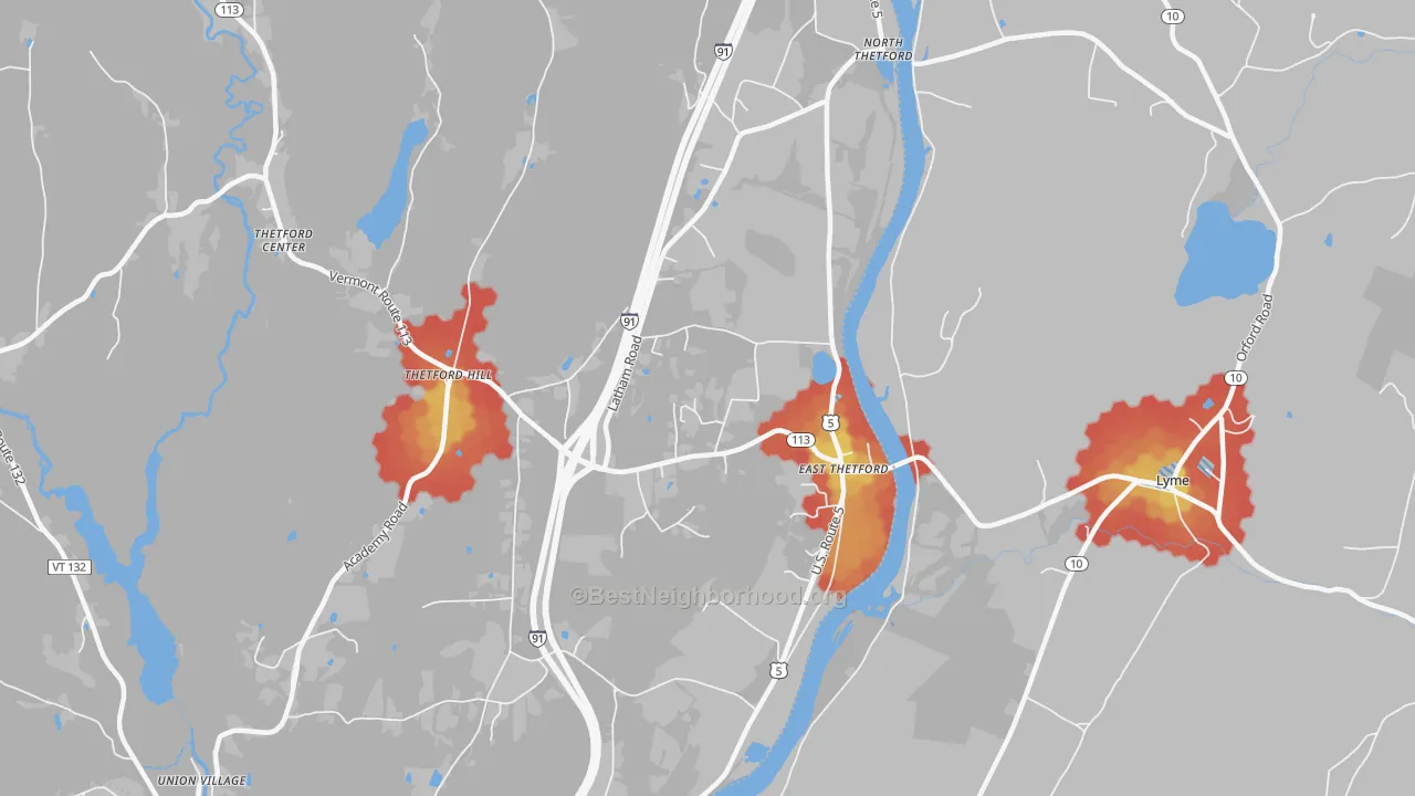 Walk Grade map of East Thetford, VT, walkable areas in green and car-dependent areas in red