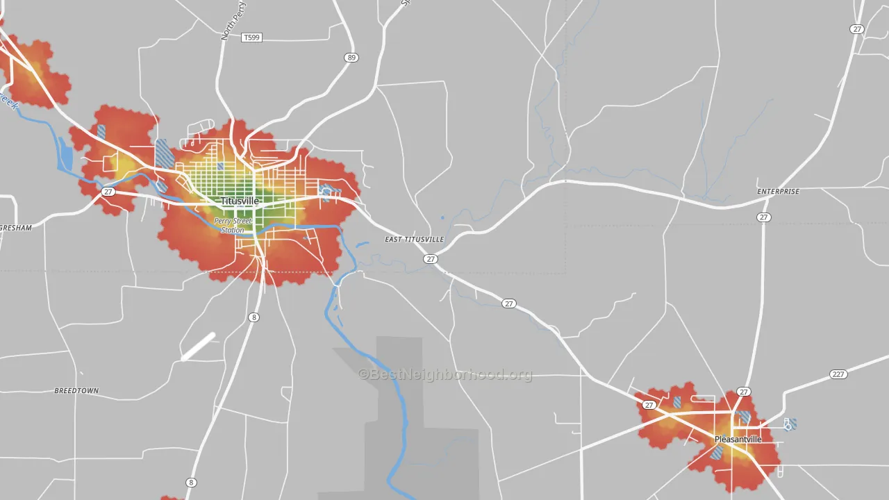 Walk Grade map of East Titusville, PA, walkable areas in green and car-dependent areas in red