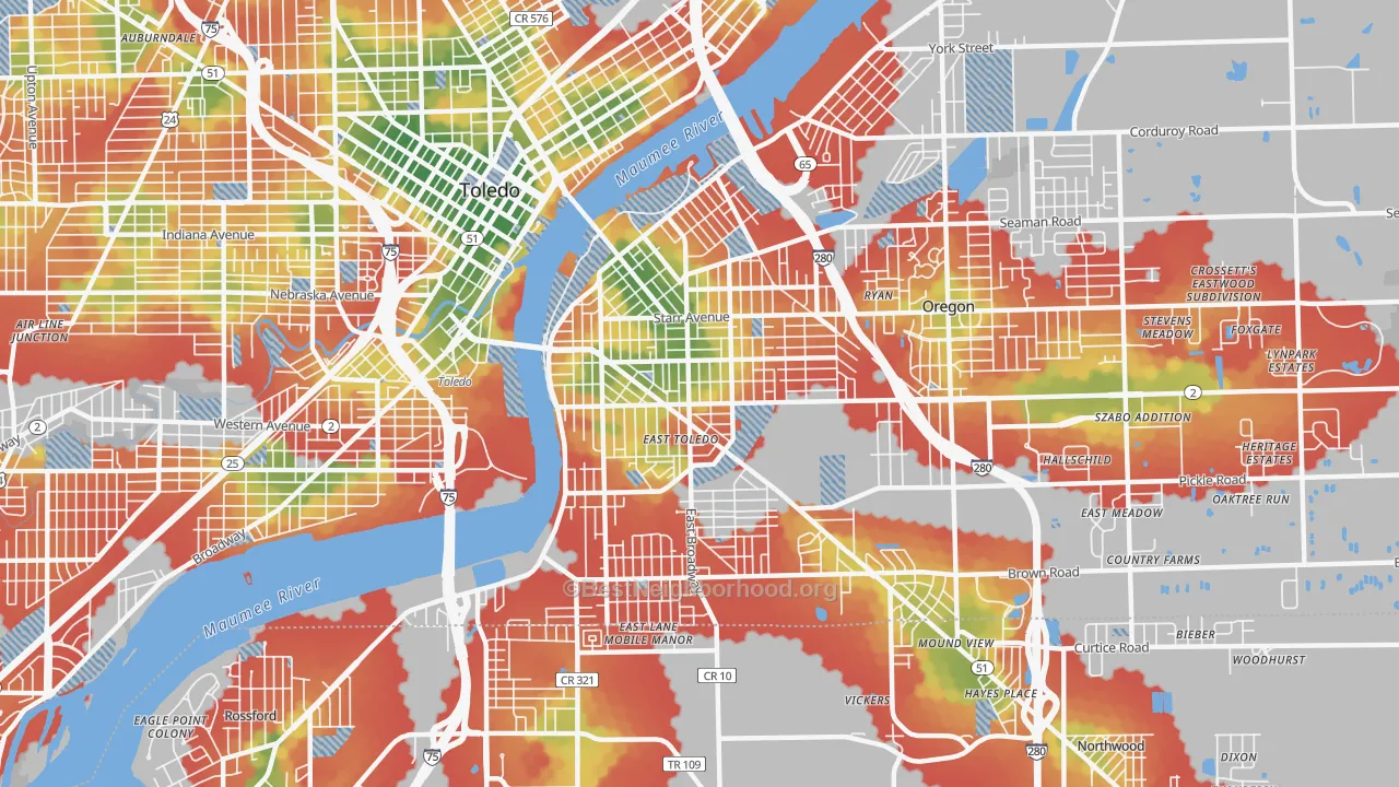 Walk Grade map of East Toledo, Toledo, OH, walkable areas in green and car-dependent areas in red