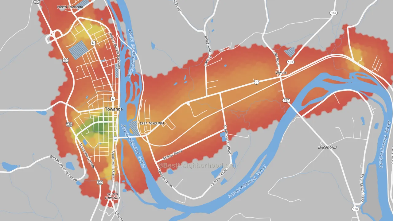 Walk Grade map of East Towanda, PA, walkable areas in green and car-dependent areas in red