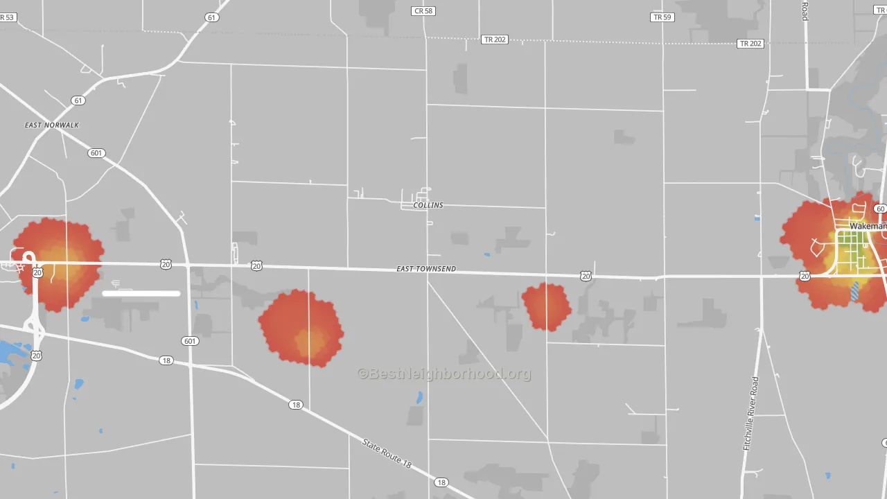 Walk Grade map of East Townsend, OH, walkable areas in green and car-dependent areas in red