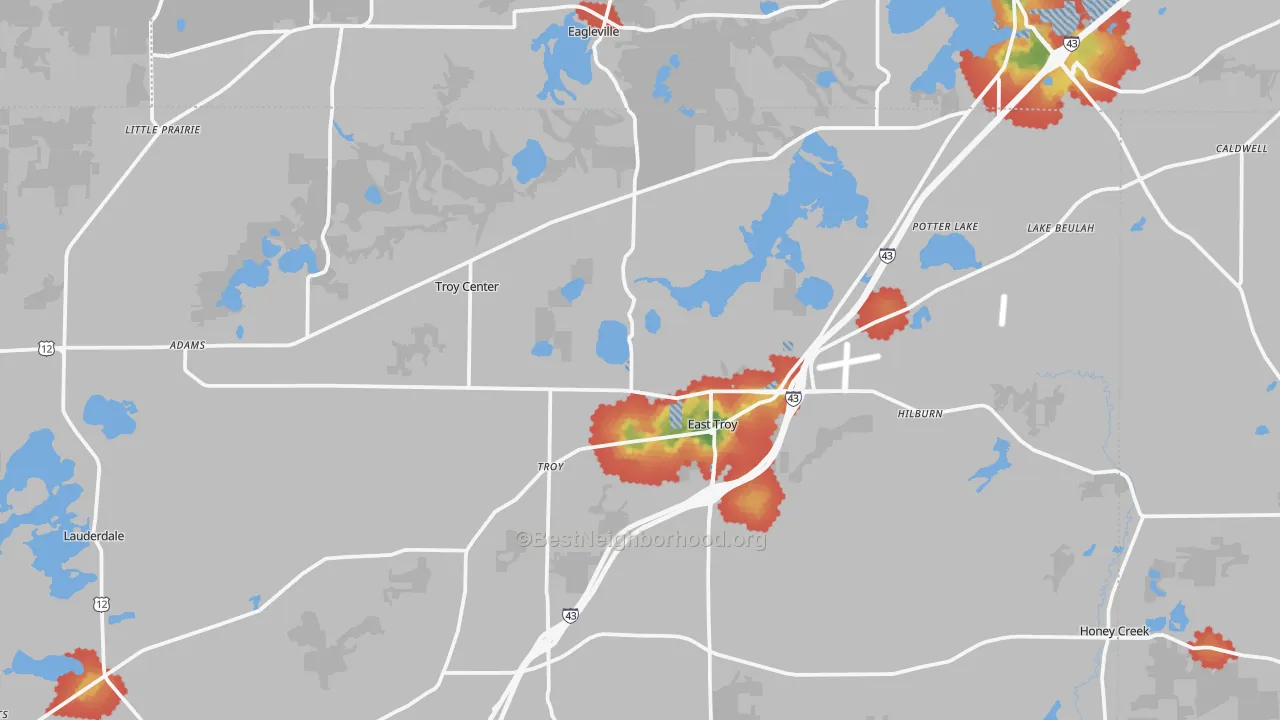 Walk Grade map of East Troy, WI, walkable areas in green and car-dependent areas in red