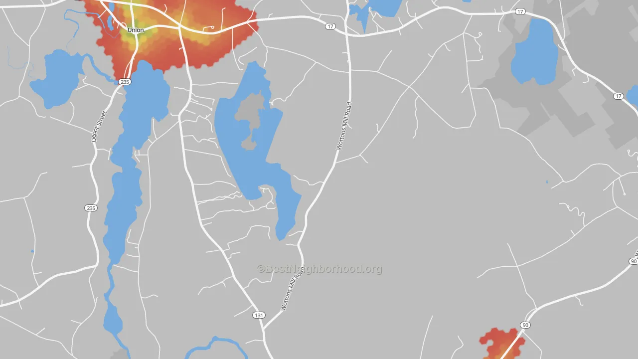 Walk Grade map of East Union, ME, walkable areas in green and car-dependent areas in red