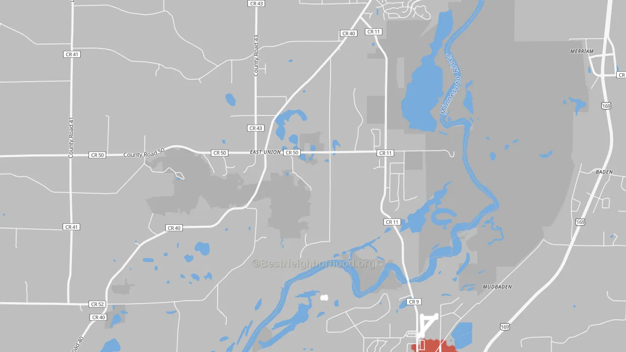 Walk Grade map of East Union, MN, walkable areas in green and car-dependent areas in red