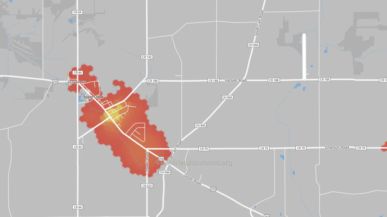Walk Grade map of East Union, OH, walkable areas in green and car-dependent areas in red