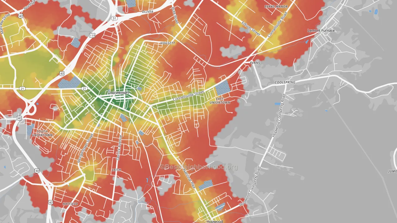 Walk Grade map of East Uniontown, PA, walkable areas in green and car-dependent areas in red